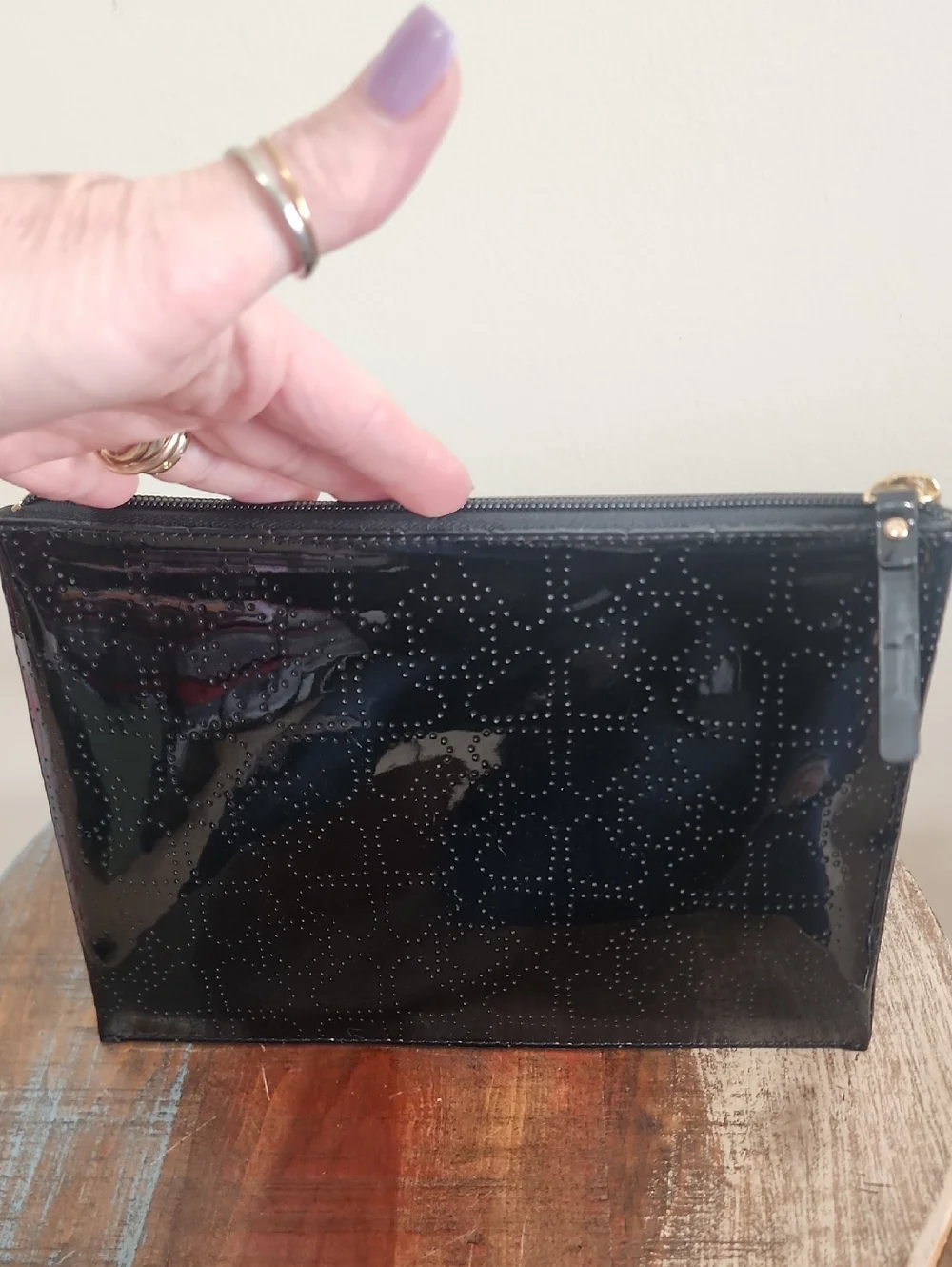 Kate Spade New York Jaquard Print Floral Black Studded Paient Leather Zip Pouch